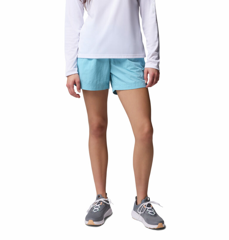 A women wearing blue water shorts