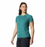 A women wearing a blue short sleeve shirt