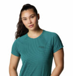 A women wearing a blue short sleeve shirt