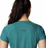 A women wearing a blue short sleeve shirt