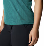 a women wearing a blue short sleeve crew shirt