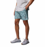 a man wearing blue pattern water shorts