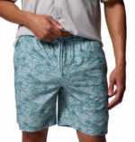 a man wearing blue pattern water shorts