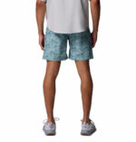 a man wearing blue pattern water shorts