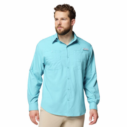A man wearing a blue long sleeve shirt