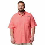 A man wearing a pink short sleeve shirt