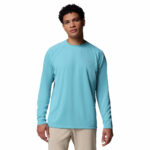 A man wearing a blue long sleeve shirt