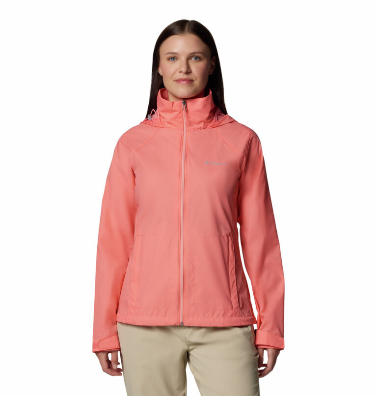 a women wearing a pink Switchback IV water-repellent jacket