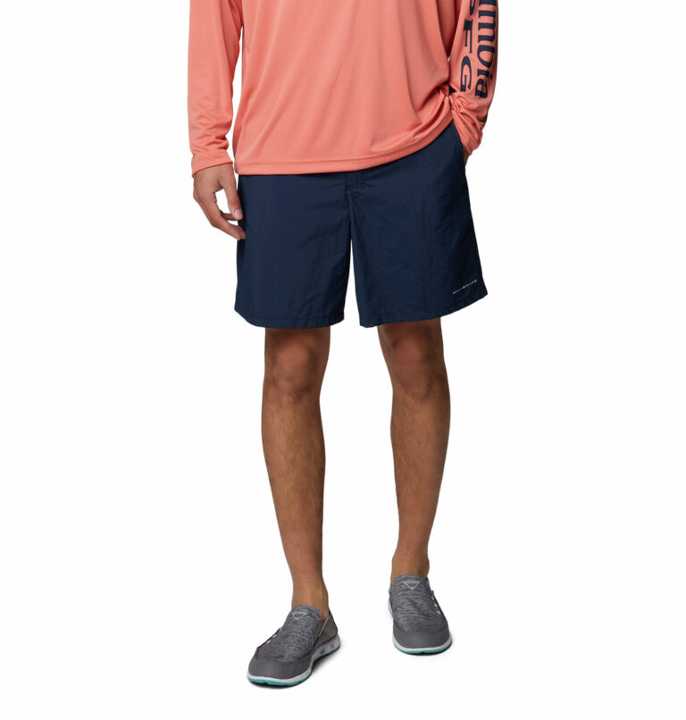 a man wearing blue shorts