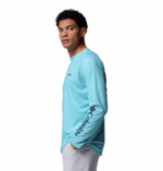 A man wearing a blue long sleeve shirt