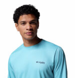 A man wearing a blue long sleeve shirt