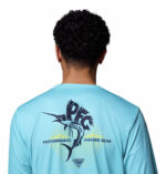 A man wearing a blue long sleeve shirt