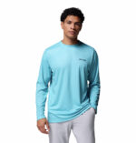 A man wearing a blue long sleeve shirt