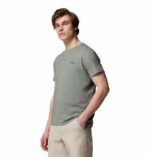 A man wearing a brown short sleeve Tee
