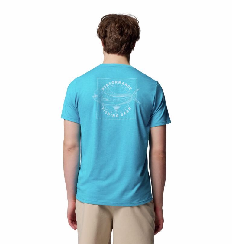 A man wearing a blue short sleeve Tee