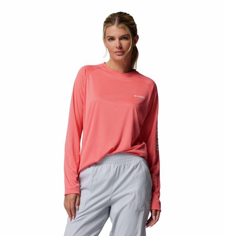 a women wearing a red tidal tee II long sleeve