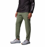 A man wearing brown stretch pants