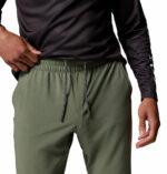 A man wearing brown stretch pants