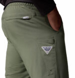 A man wearing brown stretch pants