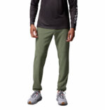 A man wearing brown stretch pants