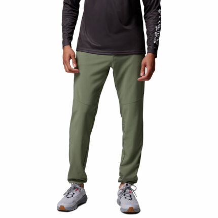 A man wearing brown stretch pants