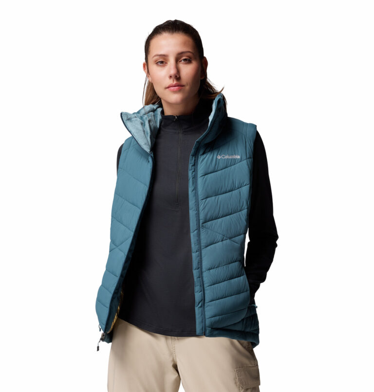 a women wearing a blue vest