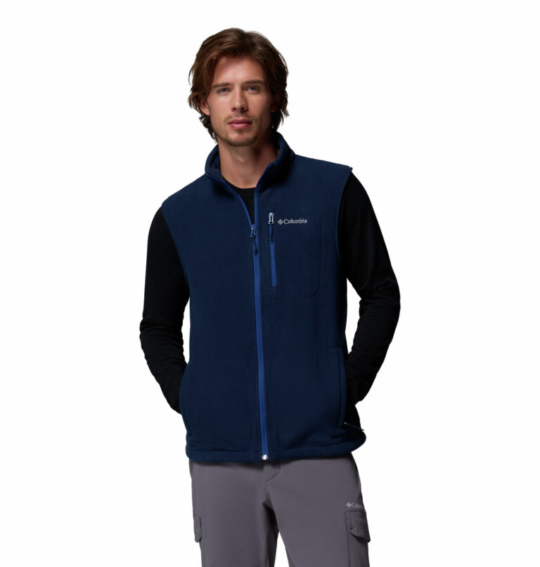 a man wearing a blue Fast Trek Fleece Vest