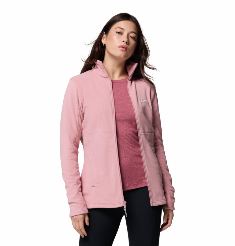 A women wearing a pink Fleece Zip up