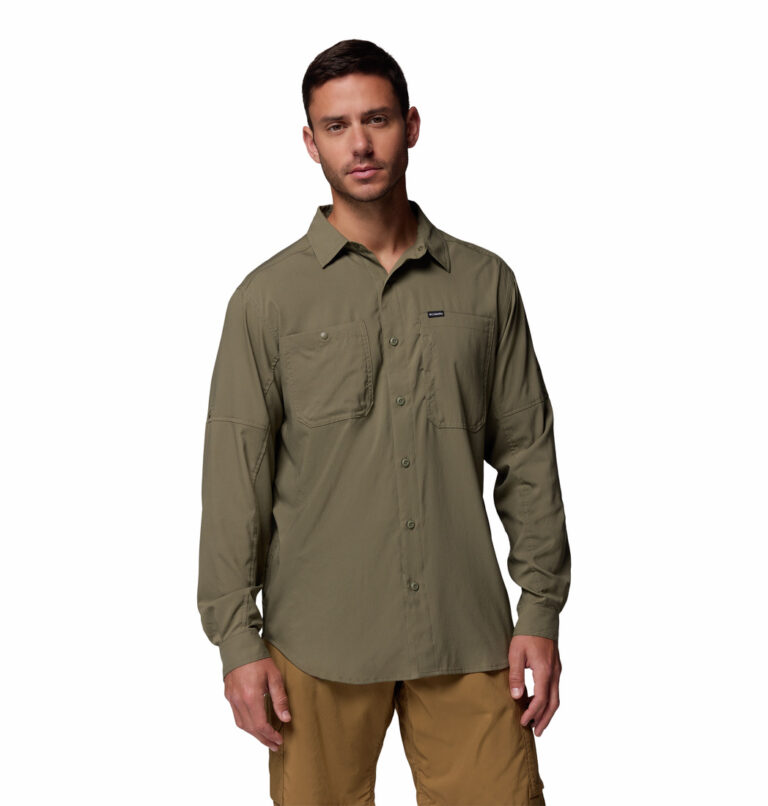 a man wearing a green Silver Ridge Utility Lite Long Sleeve Shirt