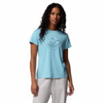 a women wearing a blue short sleeve tee with front graphic