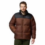 a man wearing a brown black puffy jacket