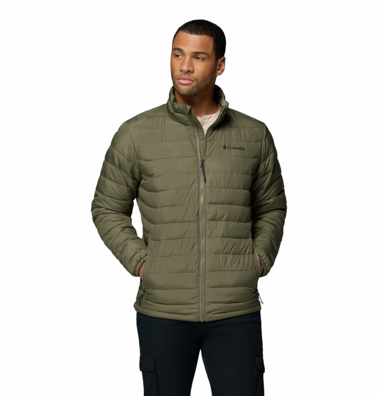 a man wearing a green Powder Lite II Jacket