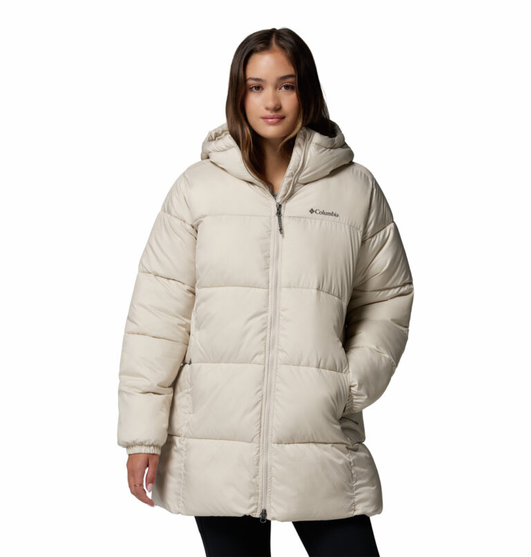 a women wearing a beige Puffect II Mid Hooded Jacket