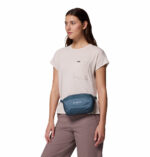 a woman wearing a blue hip pack