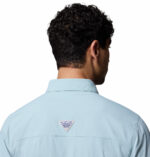 a man wearing a blue long sleeve shirt