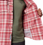 a man wearing a pink flannel long sleeve shirt