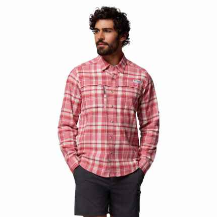 a man wearing a pink flannel long sleeve shirt