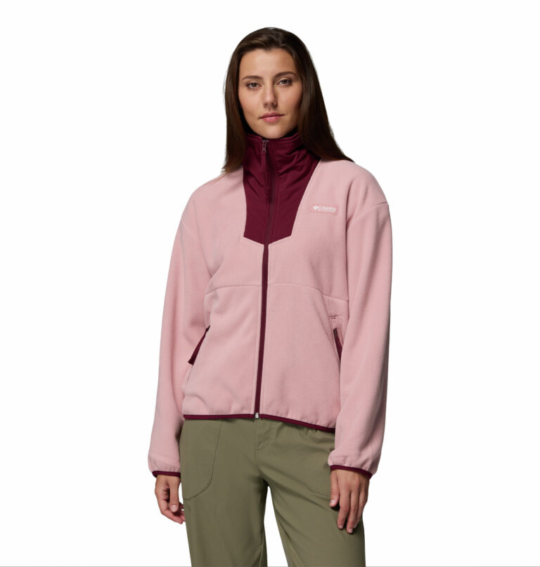 a women wearing a pink sequoia grove full zip fleece