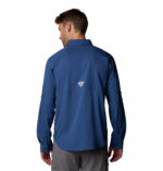 a man wearing a blue long sleeve fishing shirt