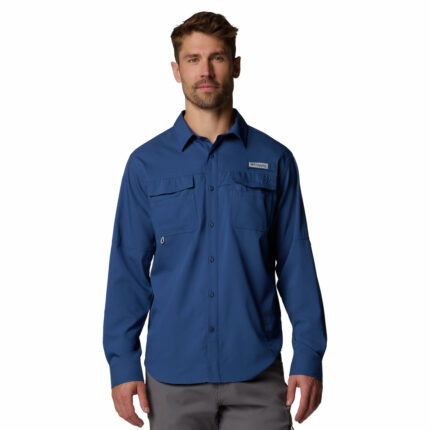 a man wearing a blue long sleeve fishing shirt