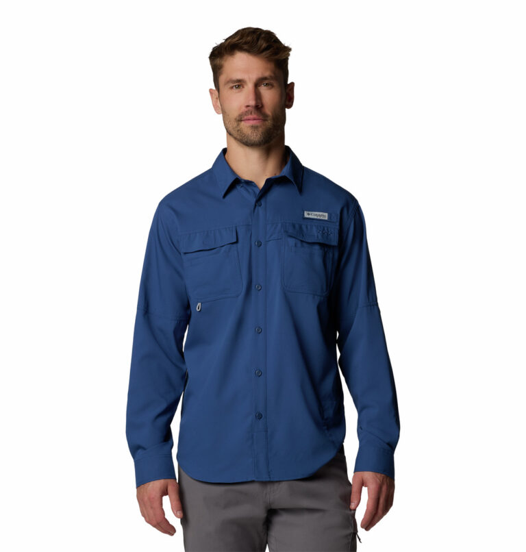 a man wearing a blue long sleeve fishing shirt
