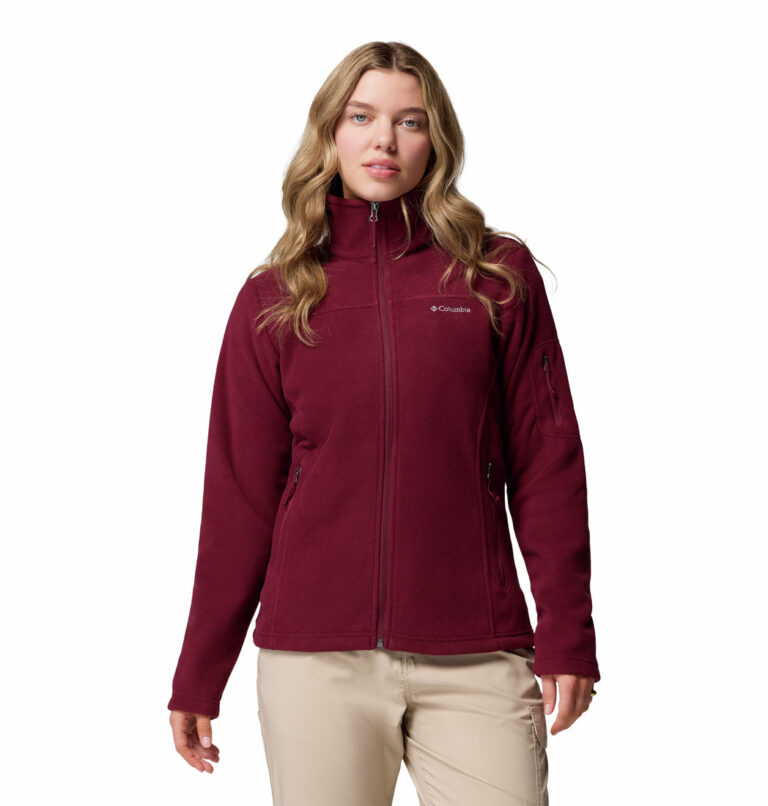 a women wearing a red Fast Trek II Full Zip Fleece Jacket