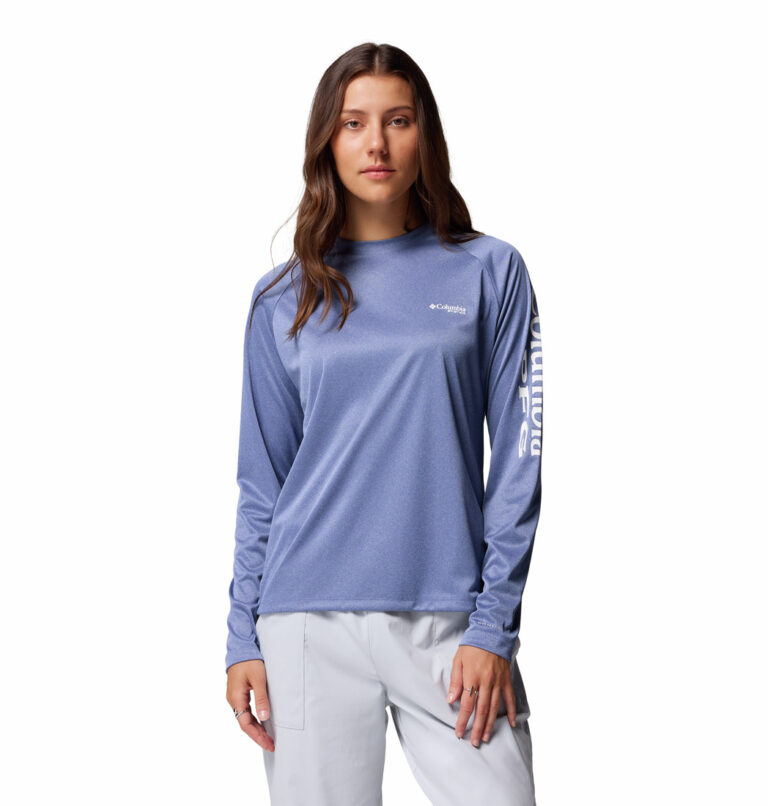 a women wearing a blue Tidal Tee Long Sleeve Shirt