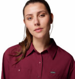 a women wearing a red silver ridge utility long sleeve shirt