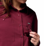 a women wearing a red silver ridge utility long sleeve shirt