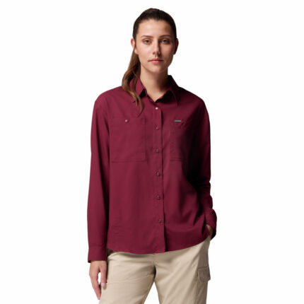 a women wearing a red silver ridge utility long sleeve shirt