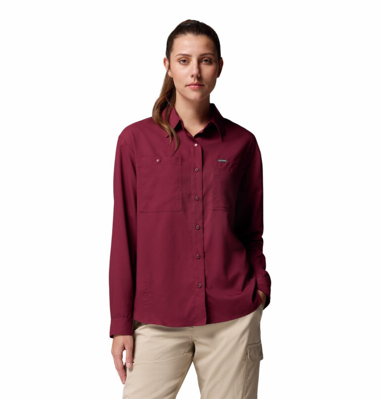 a women wearing a red silver ridge utility long sleeve shirt