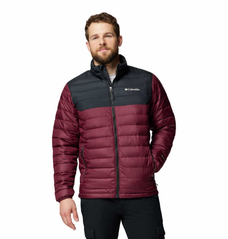 a man wearing a red and black Powder Lite II Jacket
