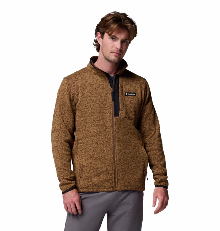 a man wearing a brown sweater weather full zip Jacket