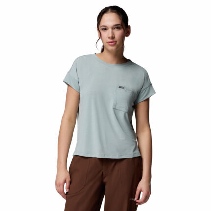 a women wearing a blue Daniela Falls Short Sleeve Tee